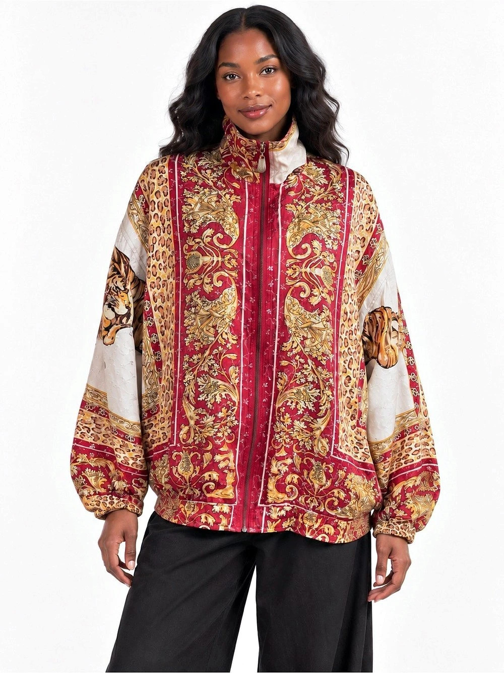 Vintage Fuda International 100% Silk Leopard/Tiger Baroque Zip Bomber Jacket L